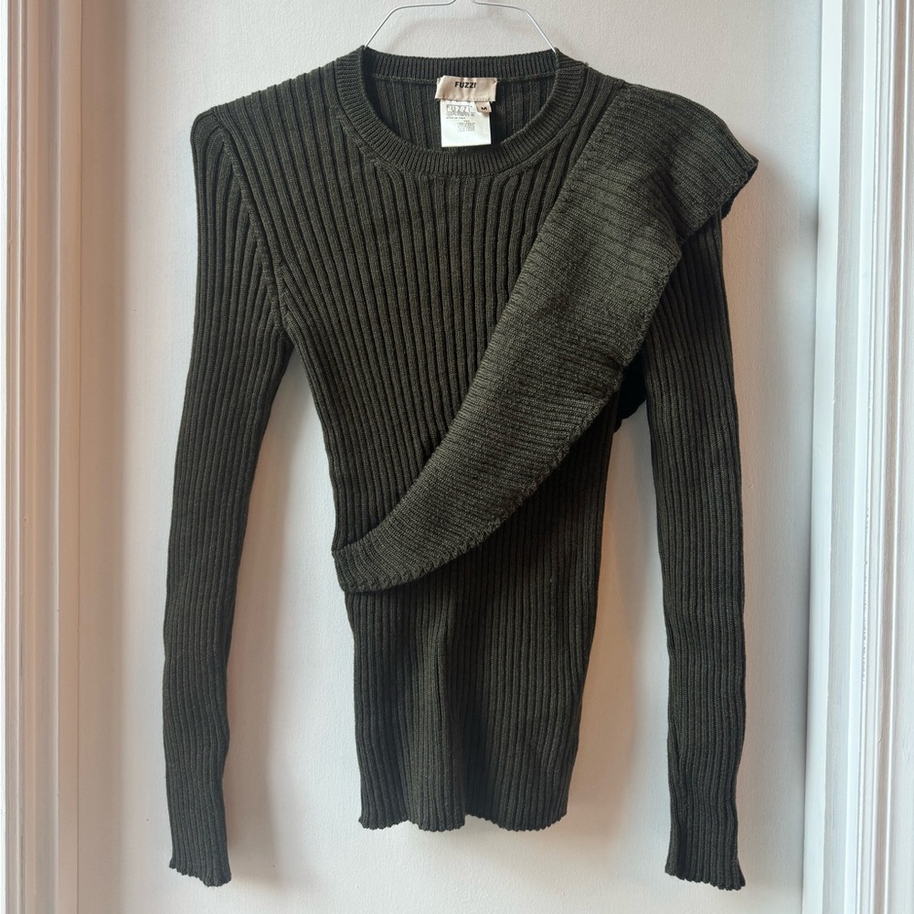 Fuzzi Wool Shoulder Sash Ribbed Crew Sweater Green Women's M